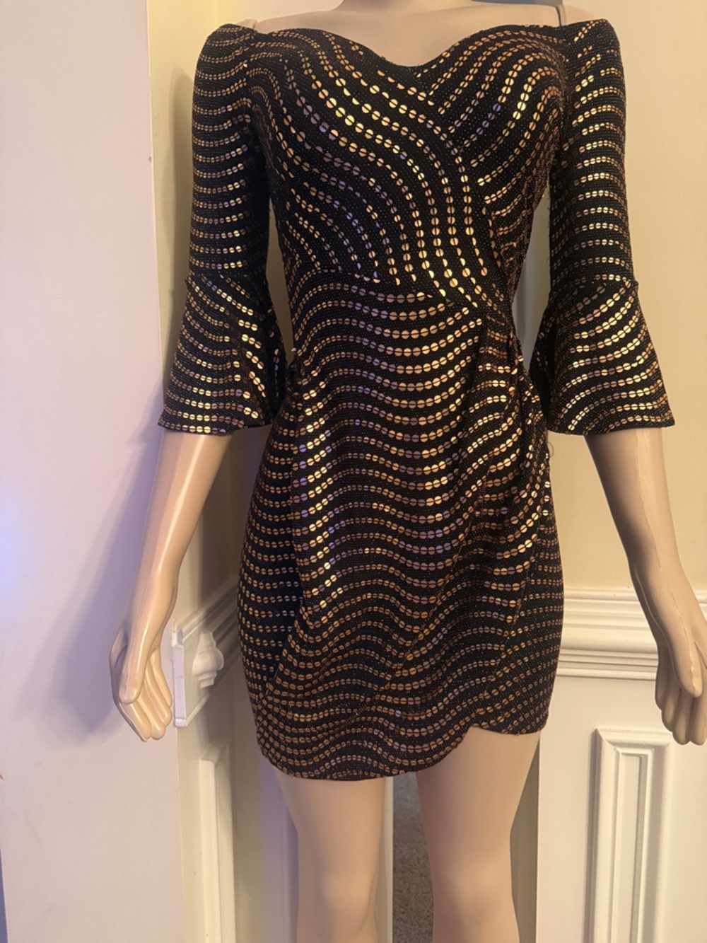 Black and Gold Sequin Off-Shoulder Party Dress